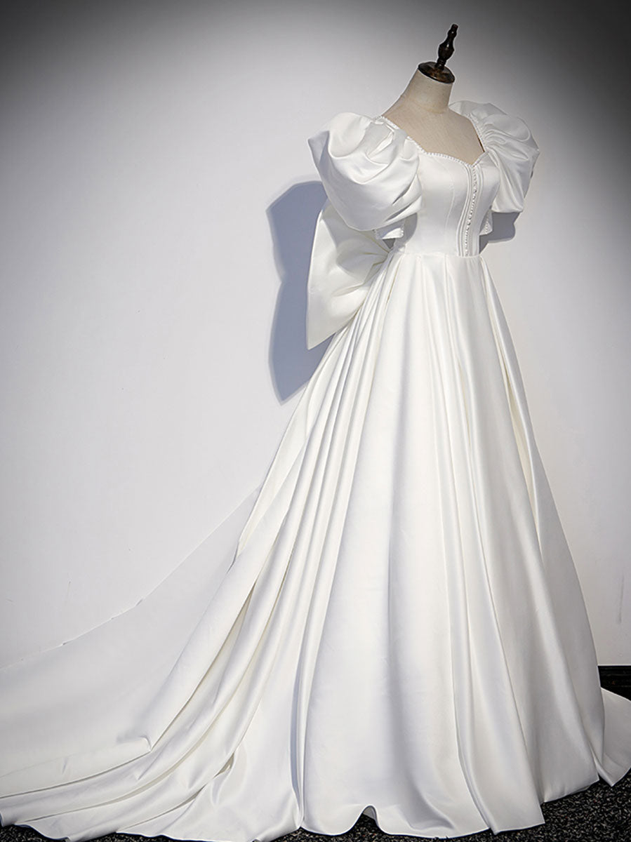 White  Satin Long Prom Dress, White Long Evening Dress