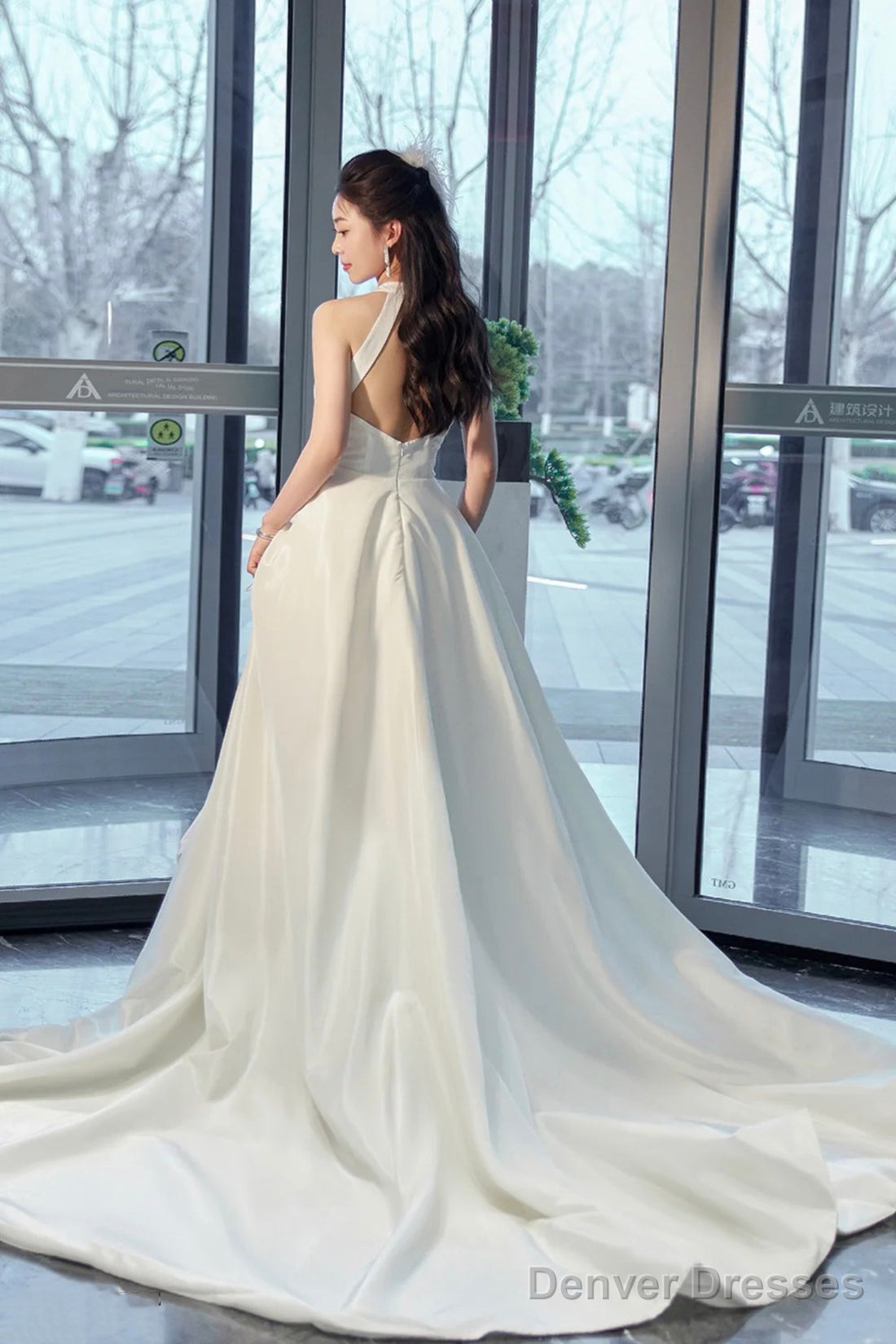 White Satin Long Prom Dress With Slit, Elegant A-Line Backless Evening Party Dress