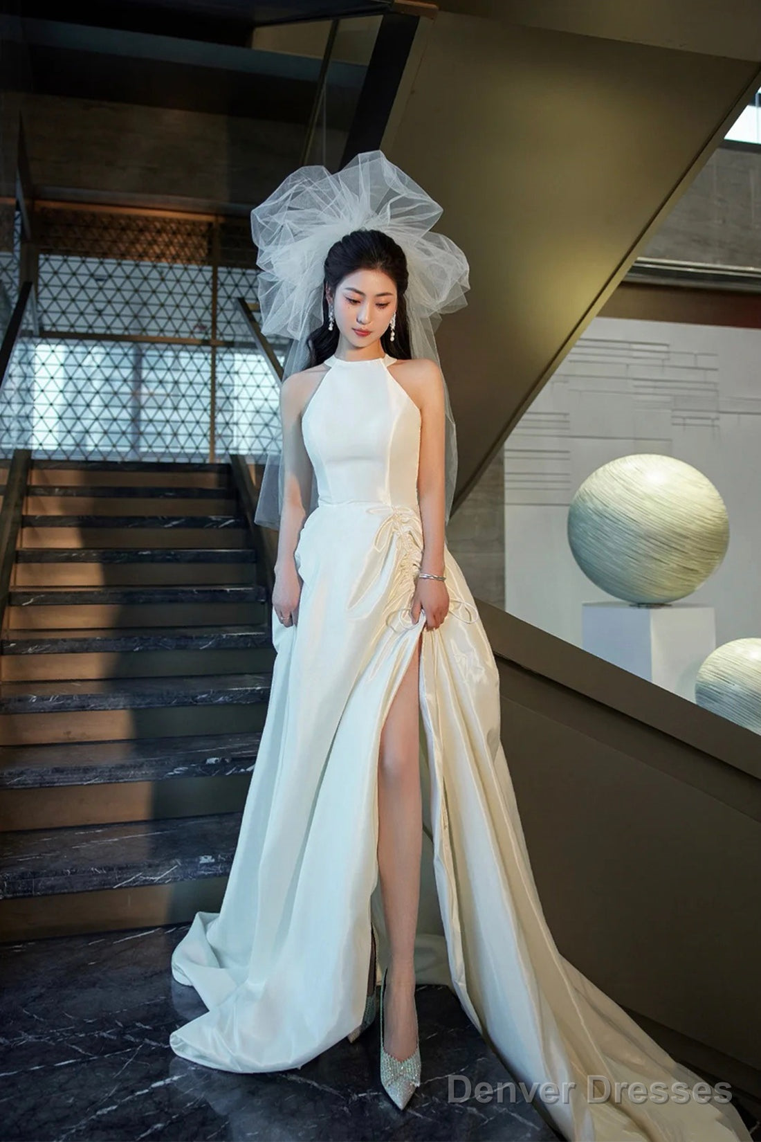 White Satin Long Prom Dress With Slit, Elegant A-Line Backless Evening Party Dress