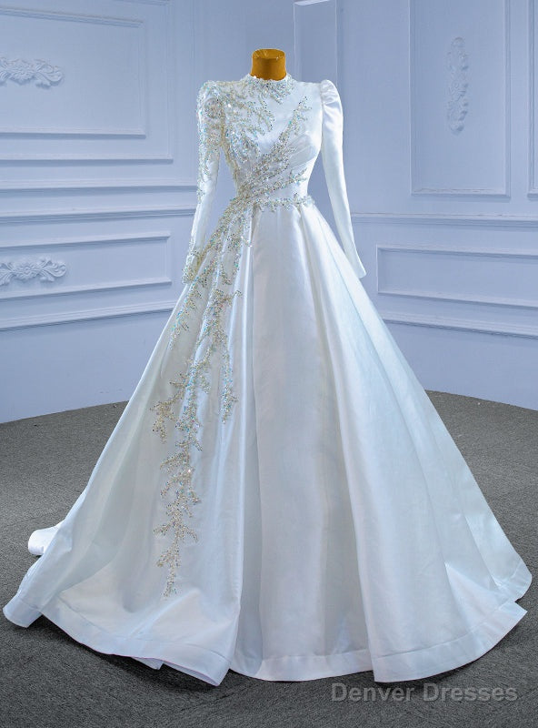 White Satin Long Sleeve High Neck Beading Wedding Dress Main image