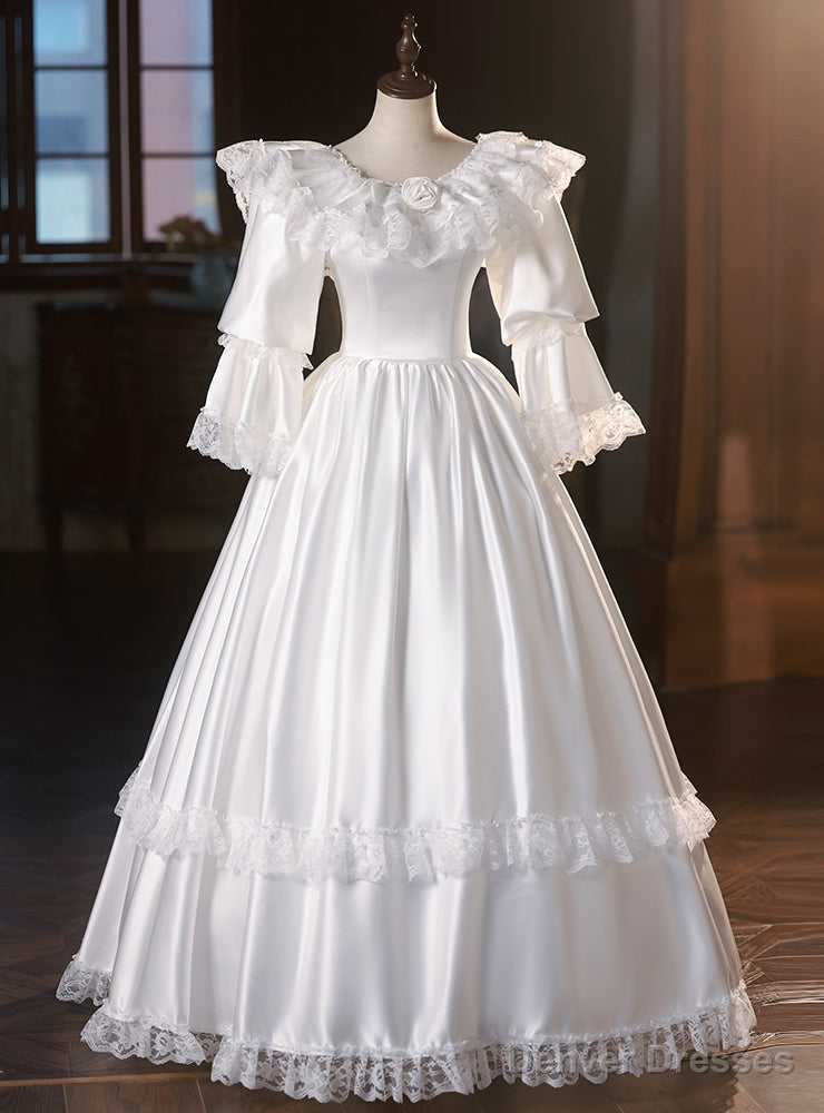 White Satin Long Sleeve Lace Vintage Dress Main image