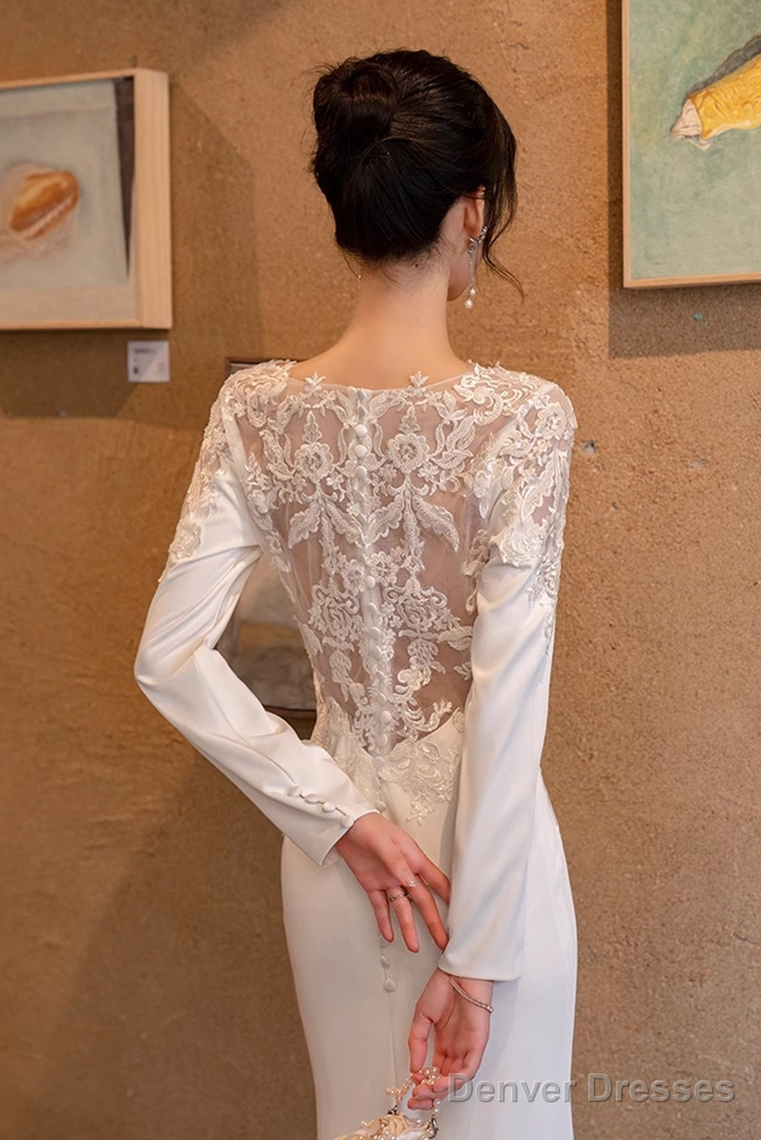 White Satin Mermaid Long Sleeves With Lace Wedding Party Dress, White Long Formal Dress