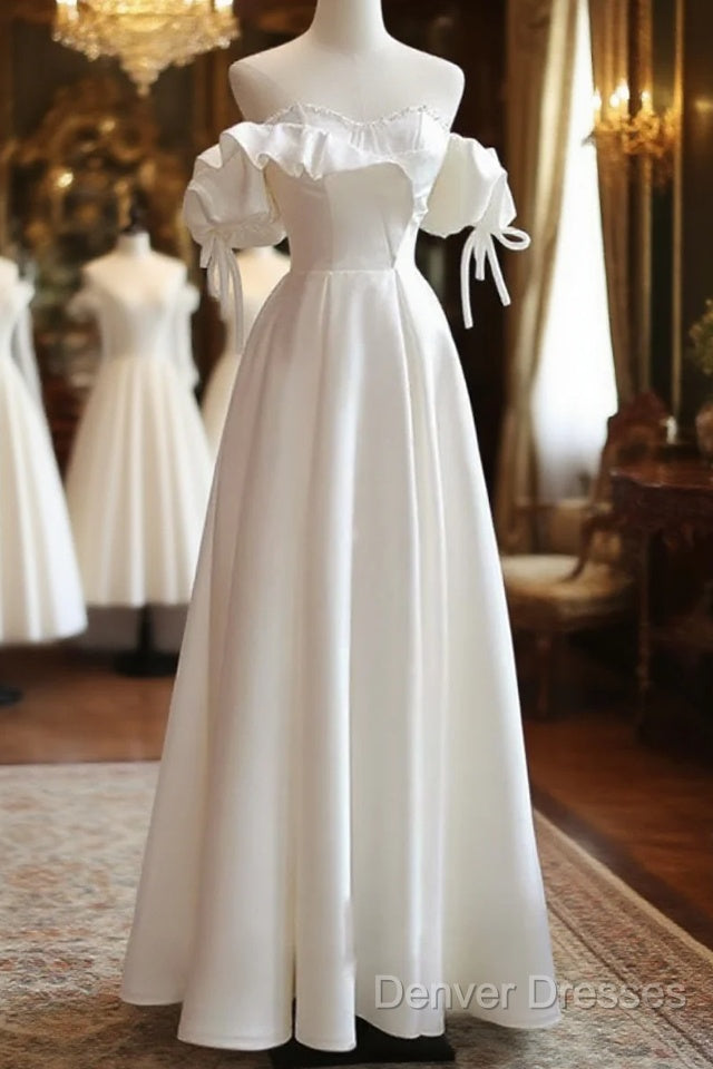White Satin Off Shoulder Beaded Sweetheart Formal Dress, White Long Prom Dress Main image
