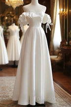 White Satin Off Shoulder Beaded Sweetheart Formal Dress, White Long Prom Dress