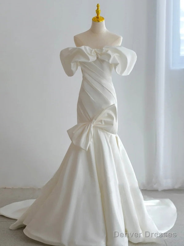 White Satin off the Shoulder Bow Pleats Wedding Dress Main image