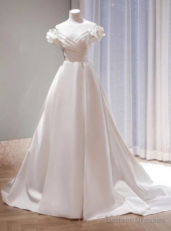 White Satin Off the Shoulder Flower Wedding Dress With Train Main image