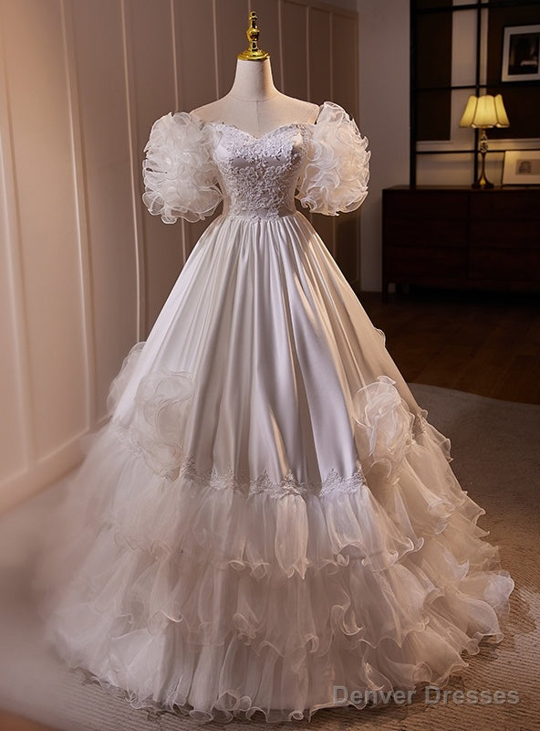 White Satin Off the Shoulder Lace Wedding Dress Main image
