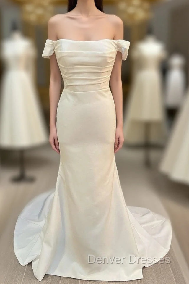White Satin Off-The-Shoulder Mermaid Long Wedding Dress Pure Color Main image
