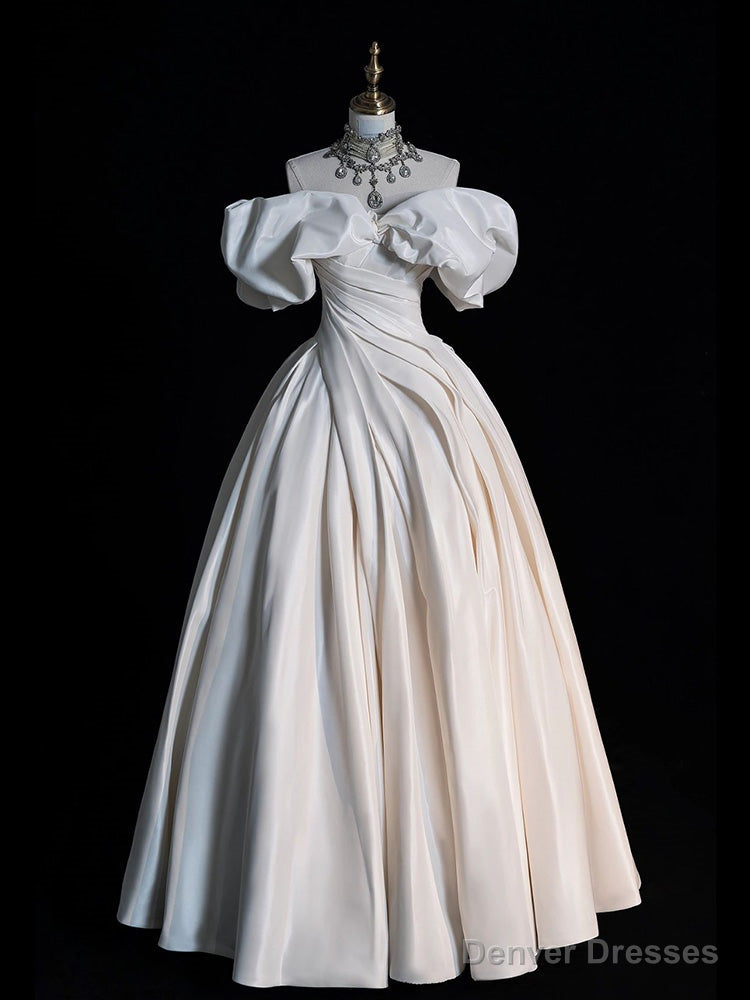 White Satin Off the Shoulder Pleats Floor Length Wedding Dress Main image