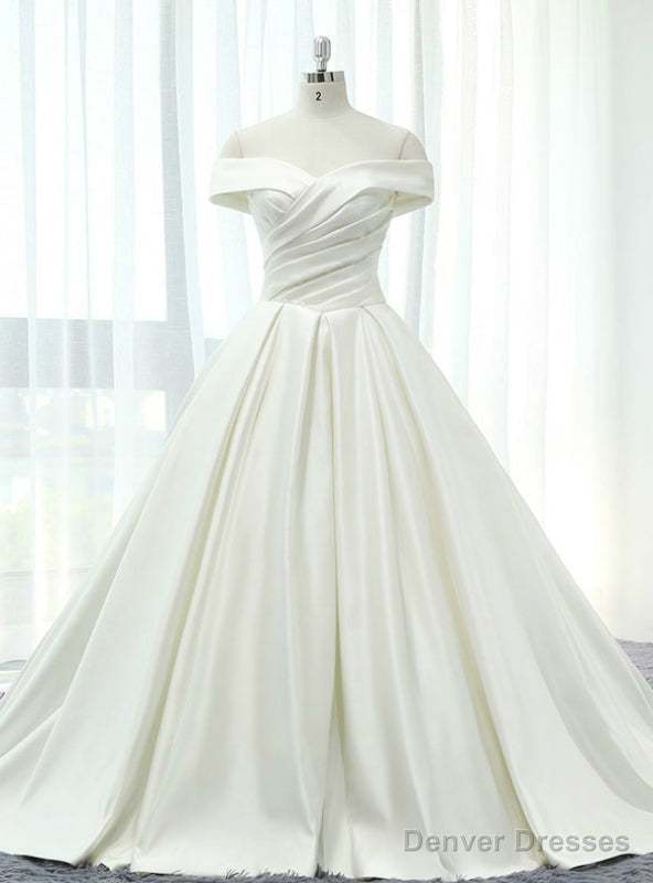 White Satin Off The Shoulder Pleats With Train Wedding Dress Main image