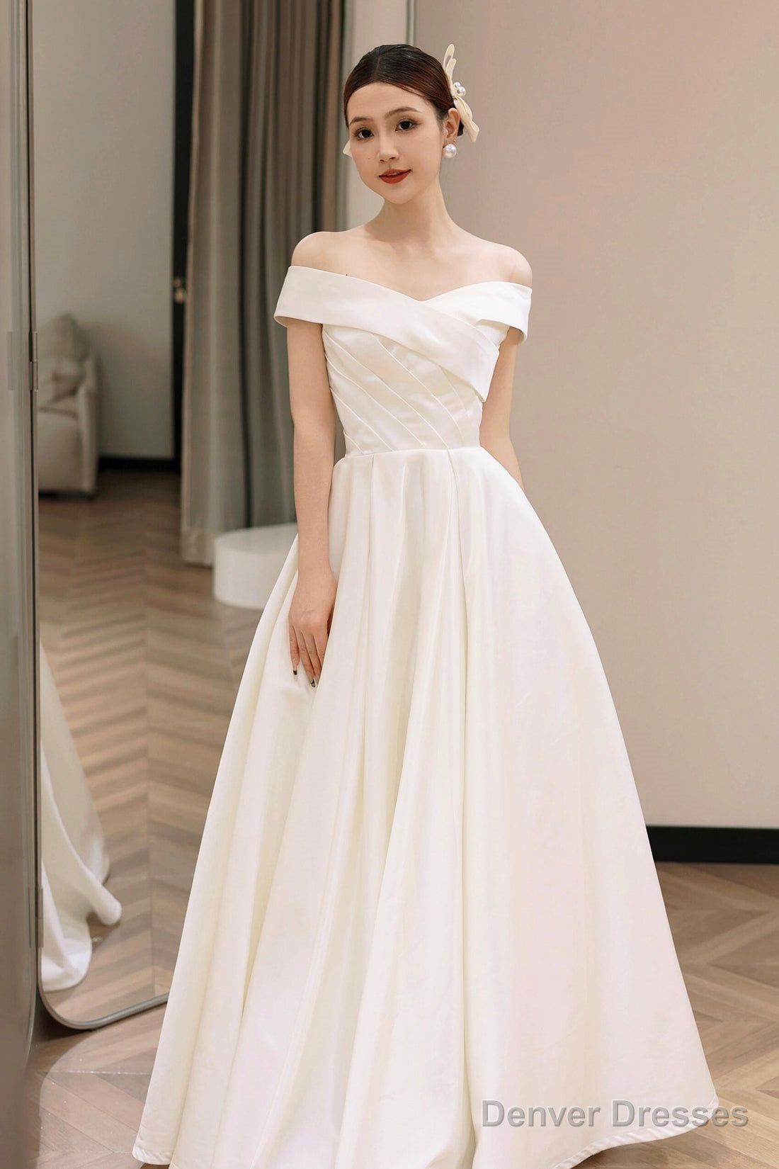 White Satin Off the Shoulder Prom Dress, A-Line Floor Length Evening Party Dress Secondary image