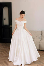 White Satin Off The Shoulder Prom Dress, A-Line Floor Length Evening Party Dress
