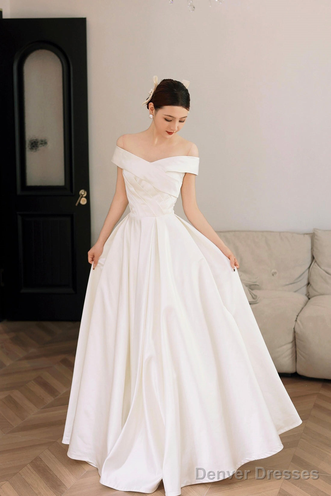 White Satin Off The Shoulder Prom Dress, A-Line Floor Length Evening Party Dress