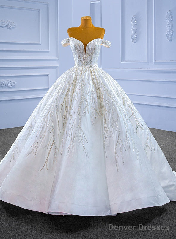 White Satin Off the Shoulder Sequins Appliques Wedding Dress Main image