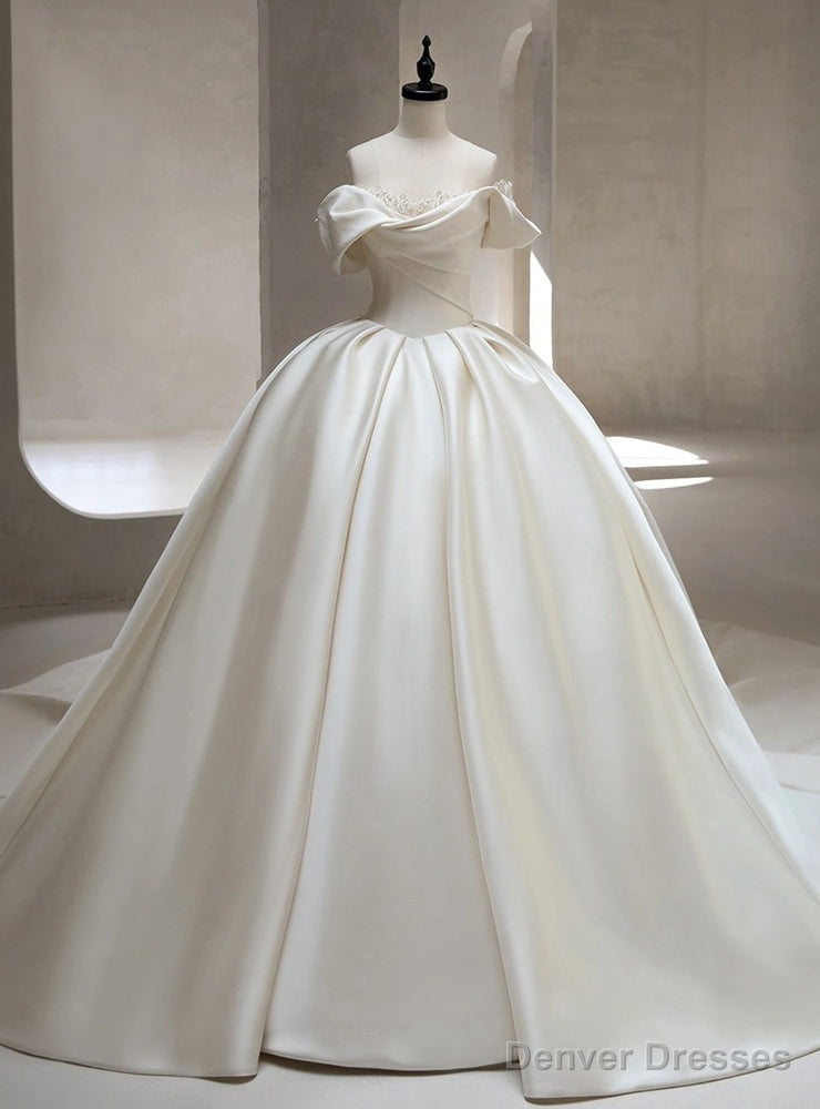 White Satin Off the Shoulder Wedding With Train
