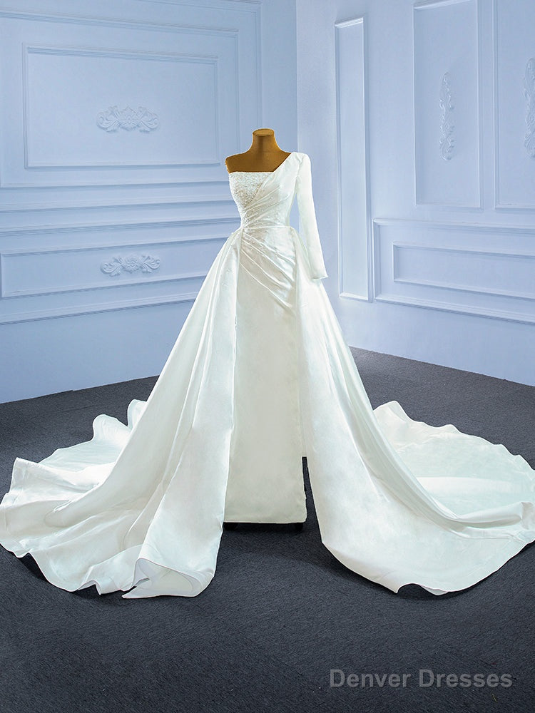 White Satin One Shoulder Pearls Wedding Dress Main image
