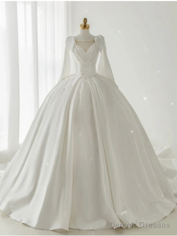 White Satin Pleats Pearls Wedding Dress Main image