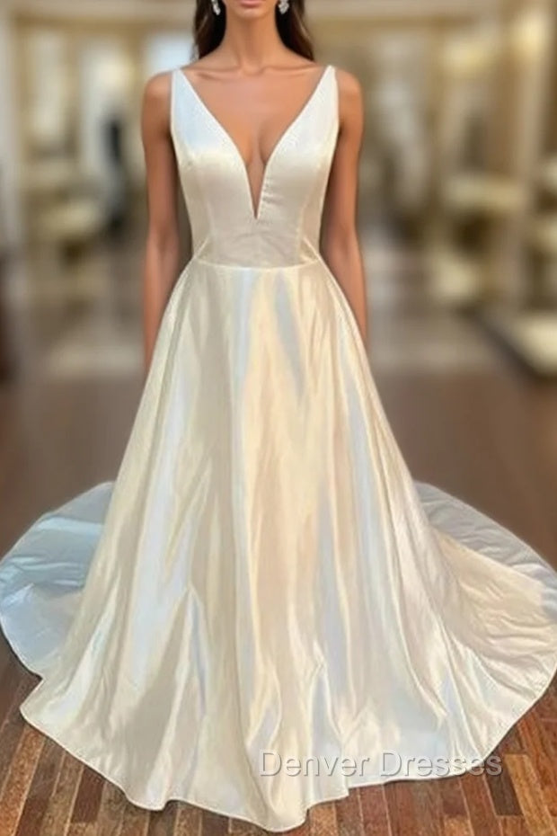 White Satin Plunging Neck Bow-Back A-Line Long Wedding Dress V-Neck Main image