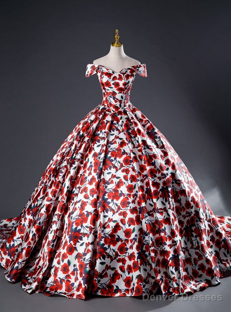 White Satin Print Off the Shoulder Quinceanera Dress Main image