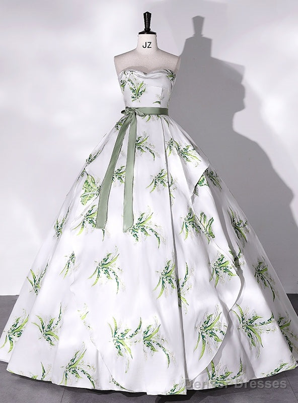 White Satin Print Strapless Quinceanera Dress Main image
