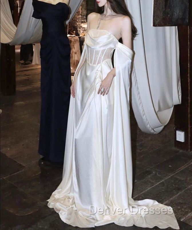 White Satin Prom Dress Satin A-Line Long Scoop Long Evening Dress