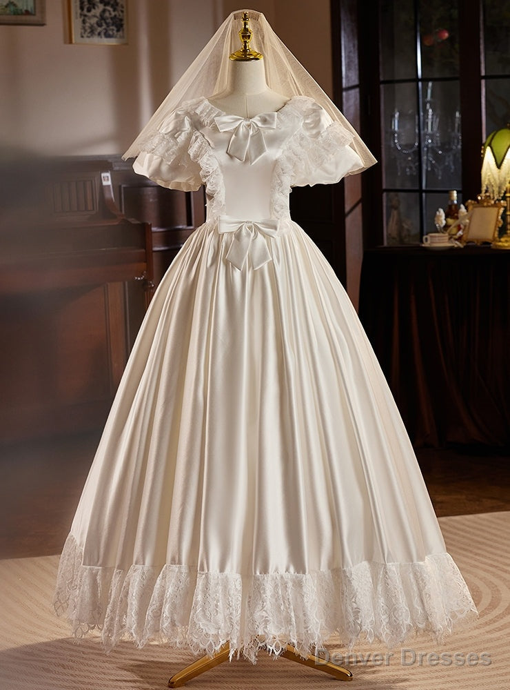 White Satin Puff Sleeve Bow Wedding Dress Main image