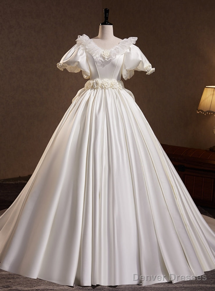 White Satin Puff Sleeve Flower Wedding Dress Main image