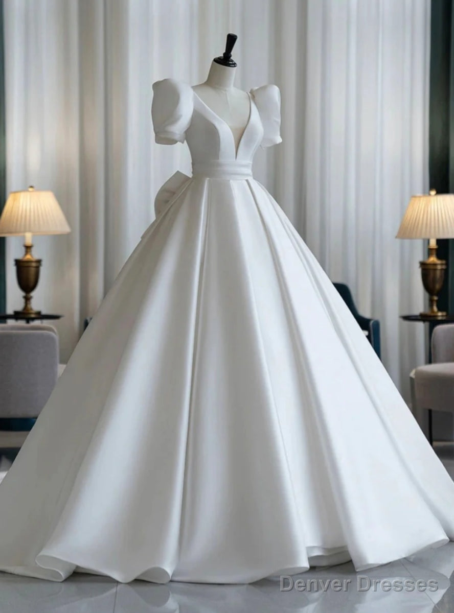 White Satin Puff Sleeve V-neck Bow Wedding Dress Main image