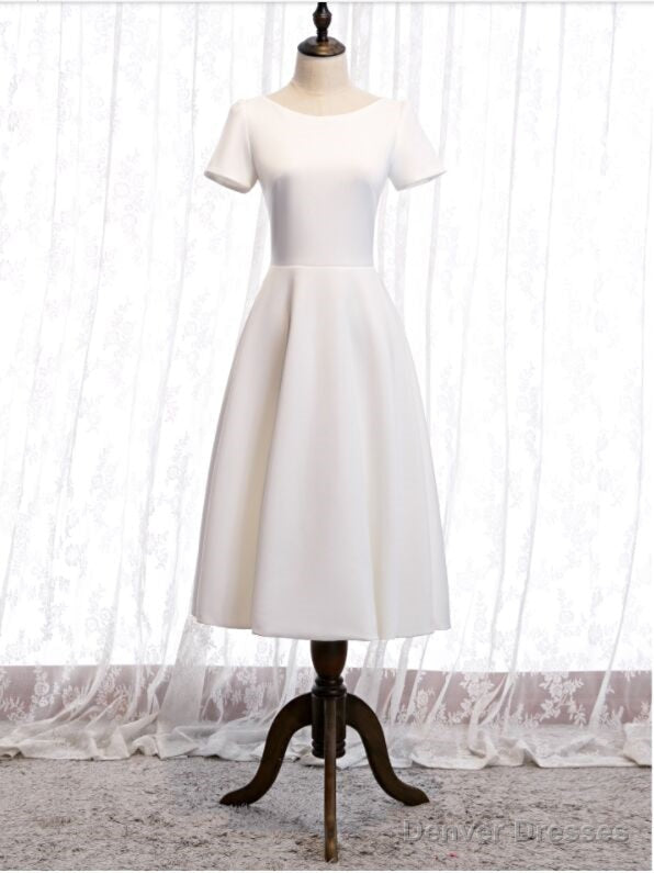 White Satin Short Sleeve Lace Back Short Prom Dress Main image