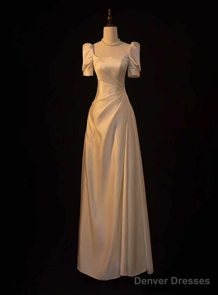 White Satin Short Sleeve Square Wedding Dress