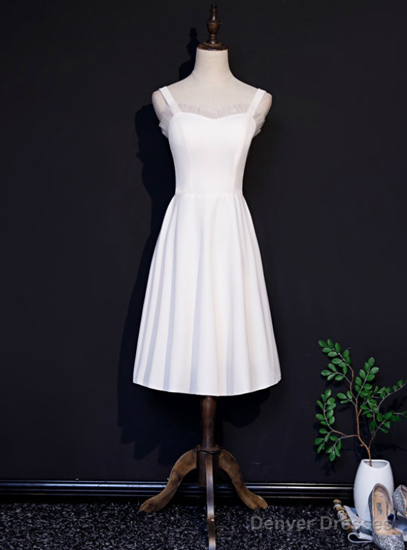 White Satin Spaghetti Straps Knee Length Prom Dress Main image