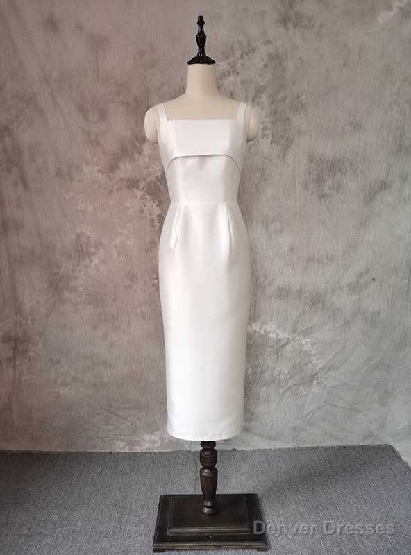 White Satin Spaghetti Straps Tea Length Wedding Dress Main image