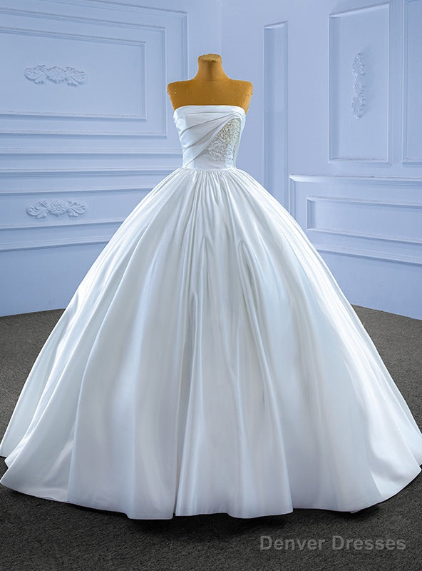 White Satin Strapless Pearls Pleats Wedding Dress Main image