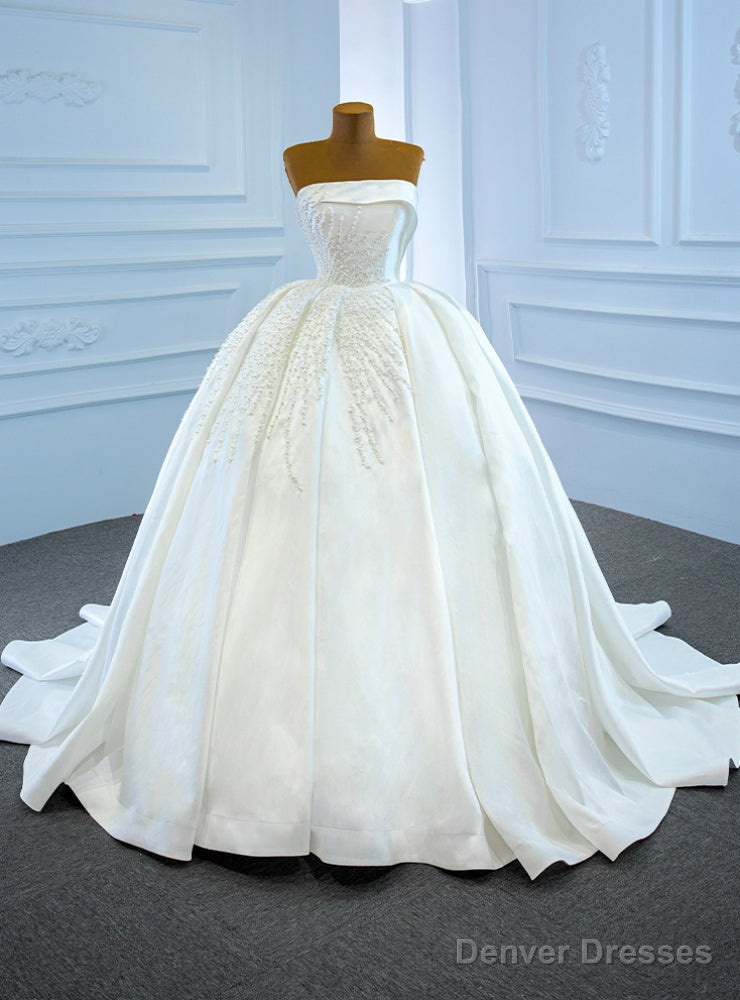 White Satin Strapless Pearls Sleeveless Pleats Wedding Dress Main image