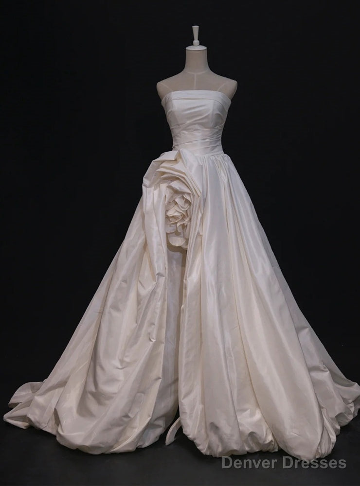 White Satin Strapless Pleats Flower Wedding Dress Main image