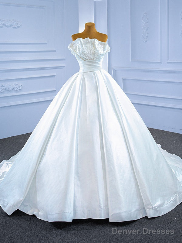 White Satin Strapless Pleats Pearls Wedding Dress Main image