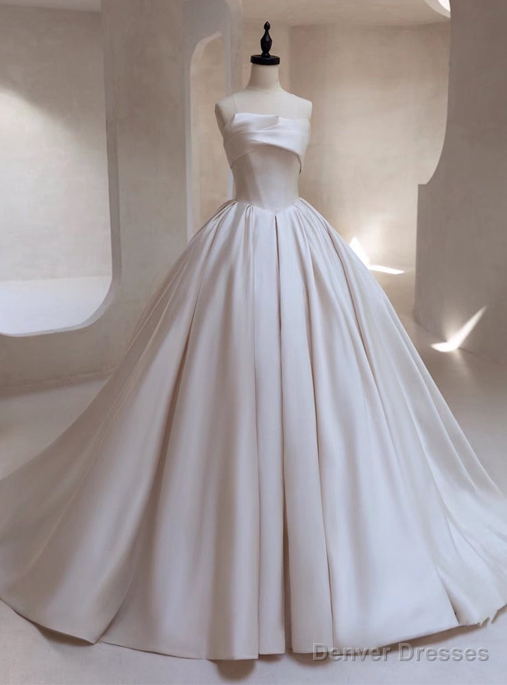 White Satin Strapless Wedding Dress With Train Main image