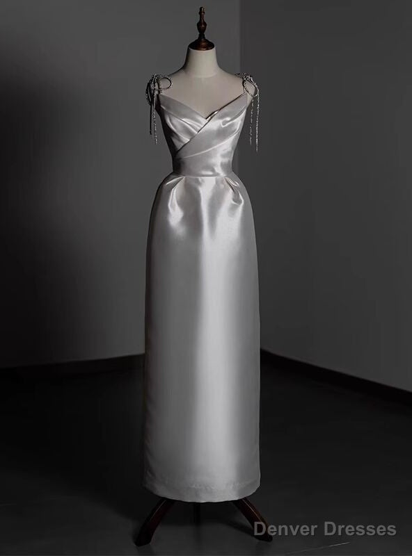 White Satin Straps Beading Short Wedding Dress Main image