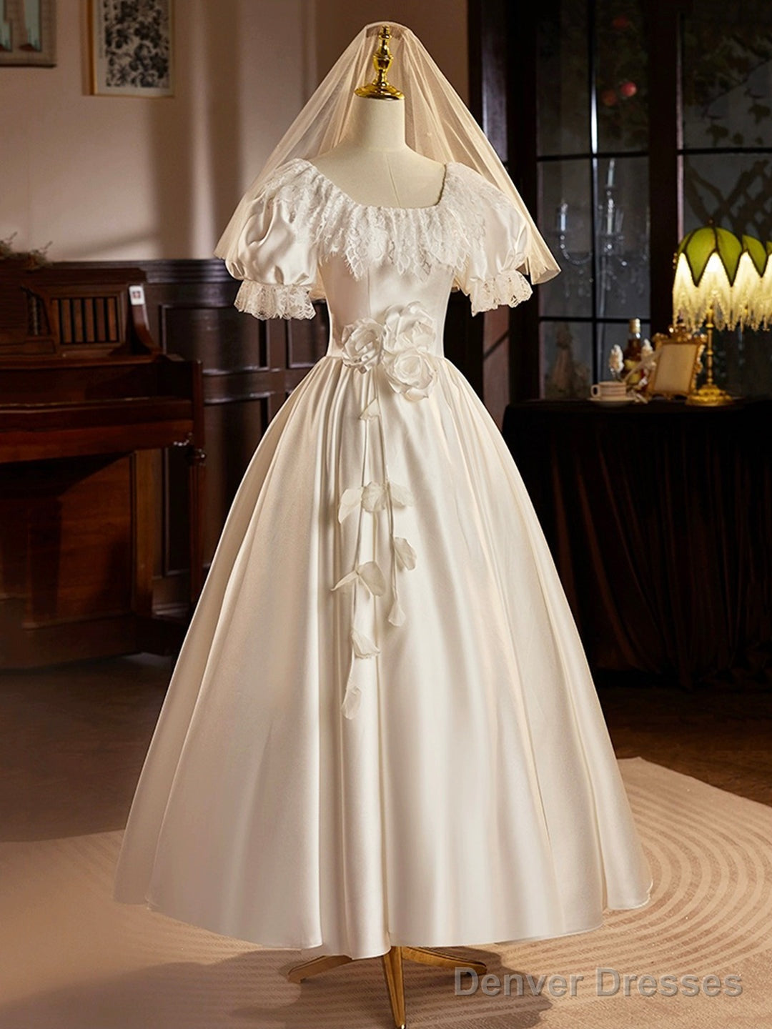 White Satin Tea Length Prom Dress With Lace, Retro A-Line Evening Party Dress