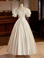White Satin Tea Length Prom Dress With Lace, Retro A-Line Evening Party Dress