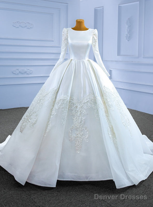 White Satin Tulle Long Sleeve Appliques Wedding Dress Main image