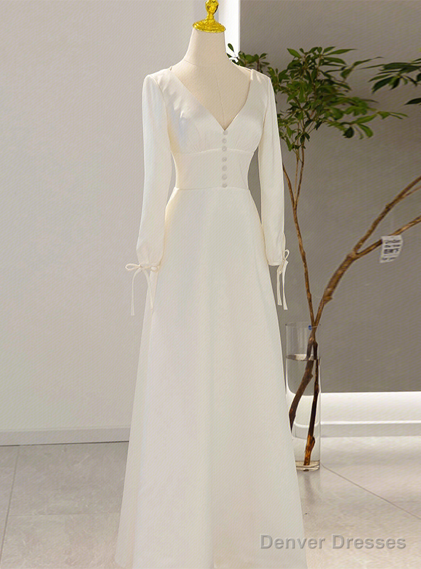 White Satin V-neck Backless Long Sleeve Wedding Dress Main image