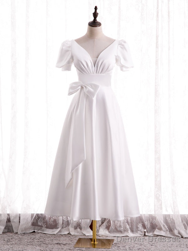 White Satin V-neck Puff Sleeve Bow Prom Dress Main image