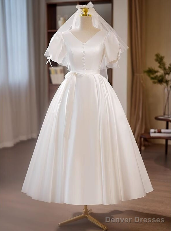 White Satin V-neck Puff Sleeve Button Wedding Dress Main image