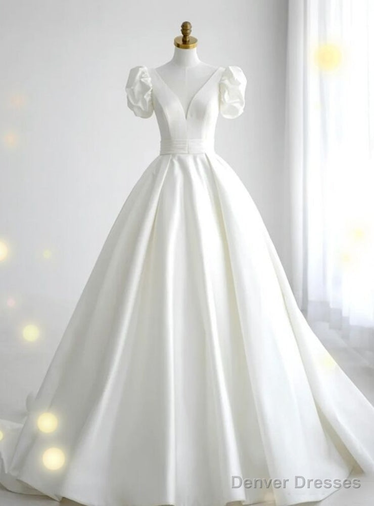 White Satin V-neck Puff Sleeve Wedding Dress Main image