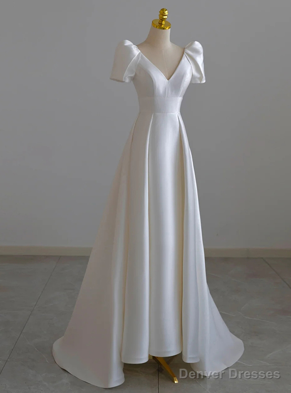 White Satin V-neck Short Sleeve Weddong Dress Main image
