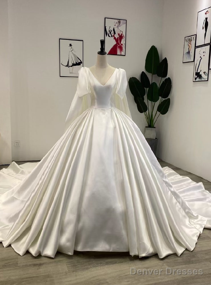 White Satin V-neck Wedding Dress With Long Train Main image
