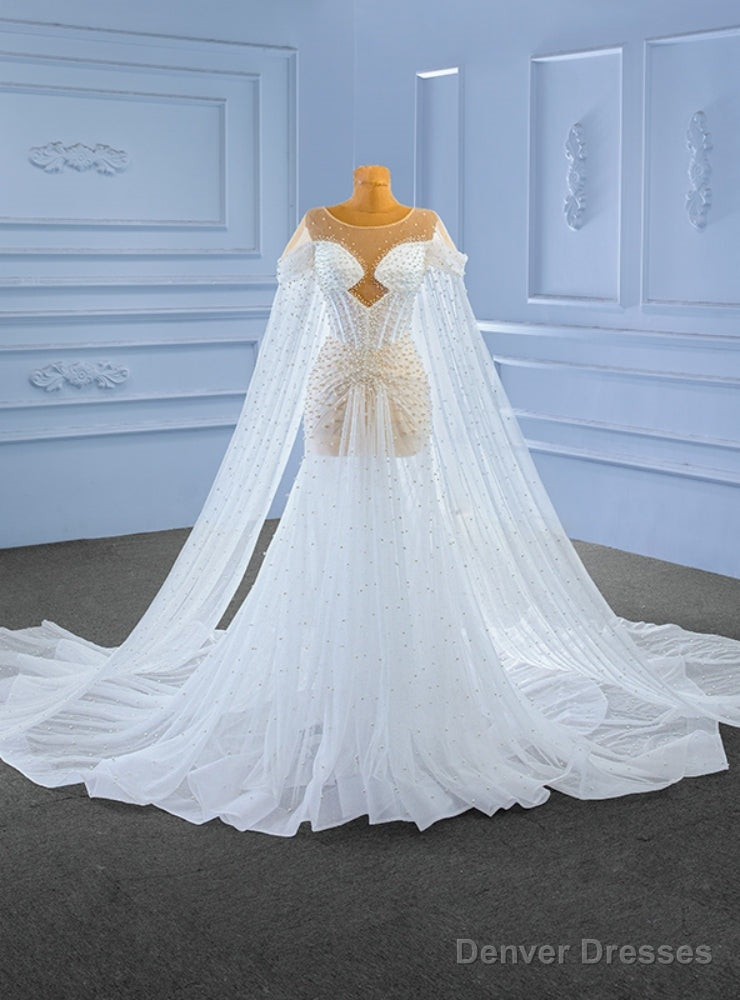 White See Through Tulle Pearls Wedding Dress Main image