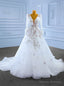 White See Through Tulle V-neck Long Sleeve Appliques Wedding Dress
