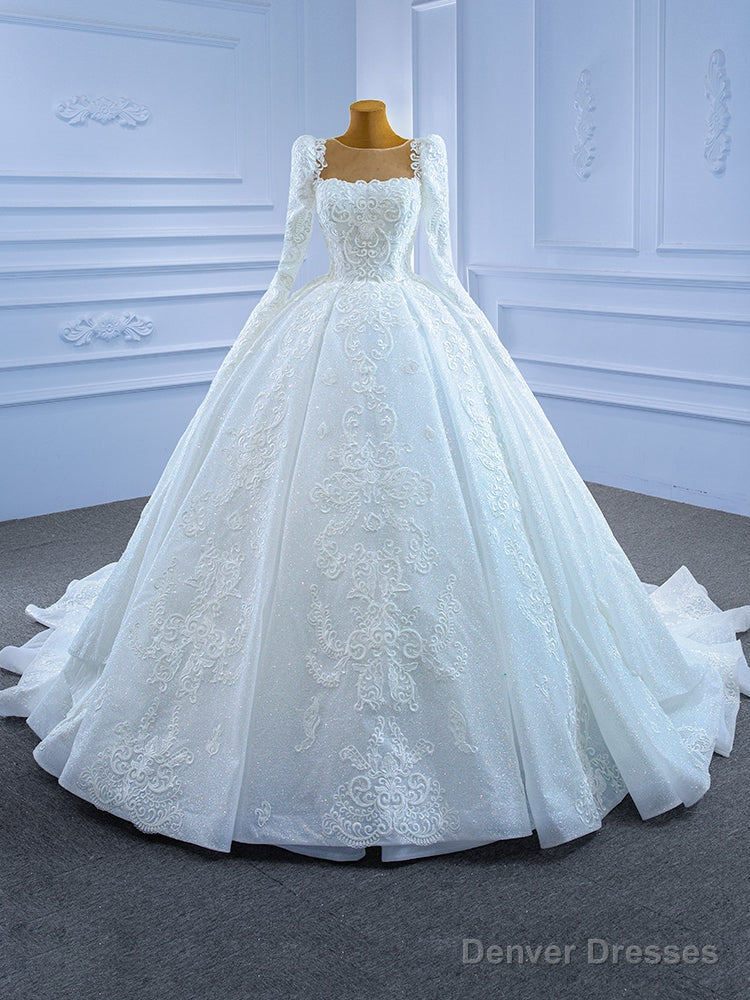 White Sequins Appliques Long Sleeve Beading Wedding Dress Main image